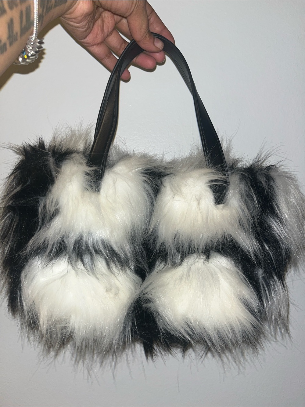 Black & White Faux Fur Handbag with Top Handles